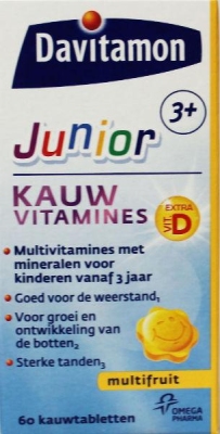 Foto van Davitamon junior 3+ kauwtabletten multifruit 60tb via drogist