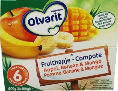 Foto van Olvarit fruithapje appel banaan mango 6 maanden 400g via drogist