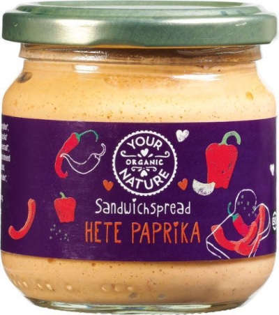 Foto van Your organic nat sandwichspread hete paprika 180g via drogist